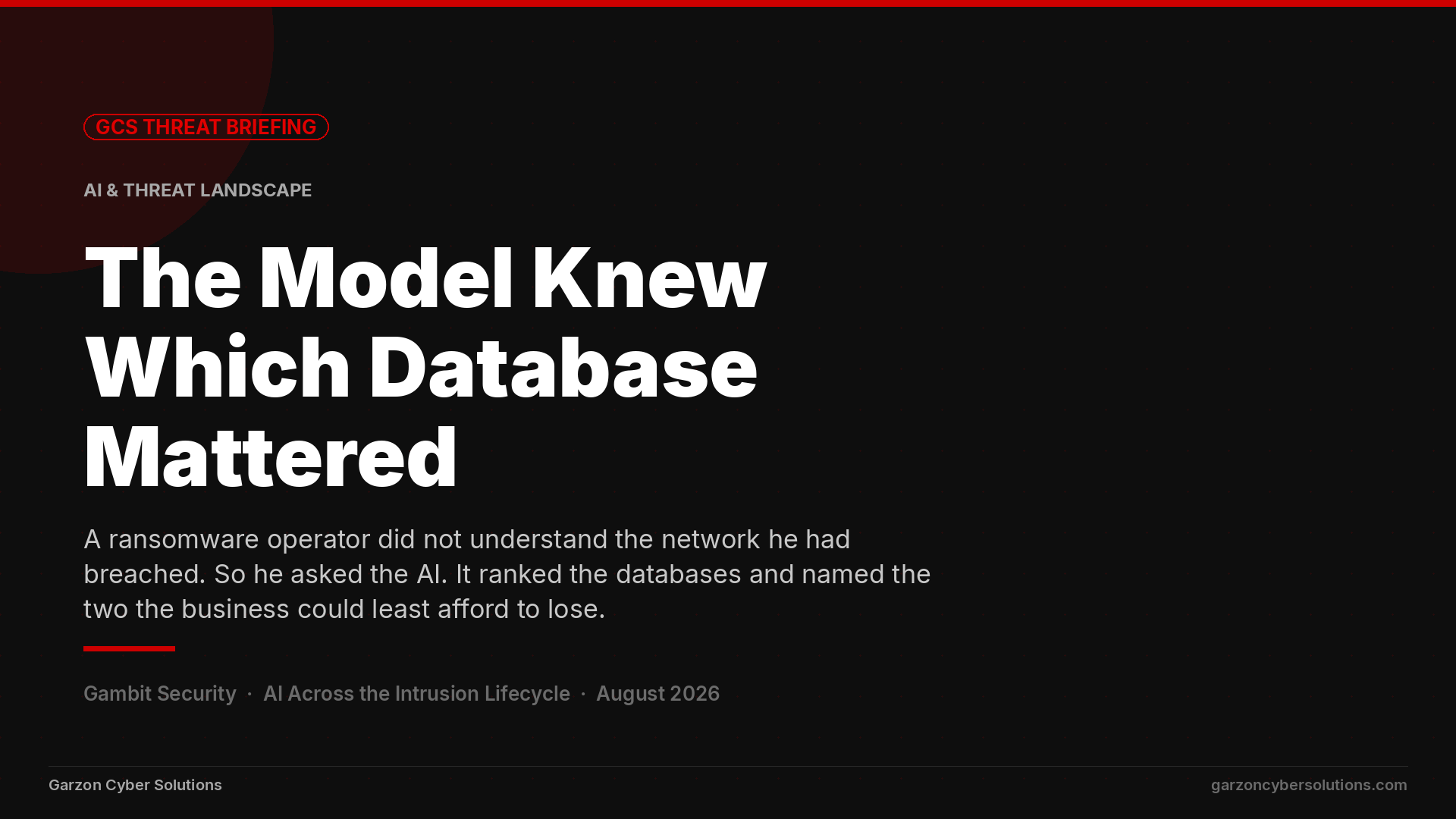 GCS Threat Briefing cover: The Model Knew Which Database Mattered. A dark brand panel showing a ransomware operator's terminal prompt on one side and an AI model ranking a victim's databases on the other, in Garzon Cyber Solutions red and white.