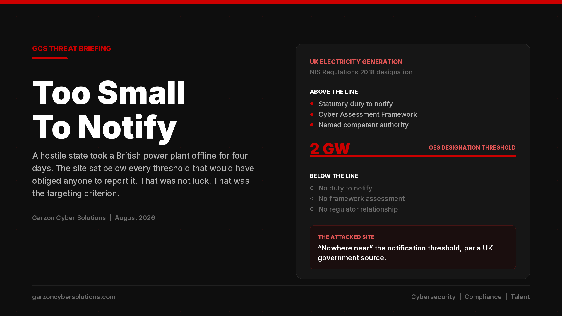 GCS Threat Briefing cover: Too Small To Notify. A dark brand panel showing the 2 GW Operator of Essential Services designation threshold for UK electricity generation, with the obligations that apply above the line and the absence of obligations below it, in Garzon Cyber Solutions red and white.