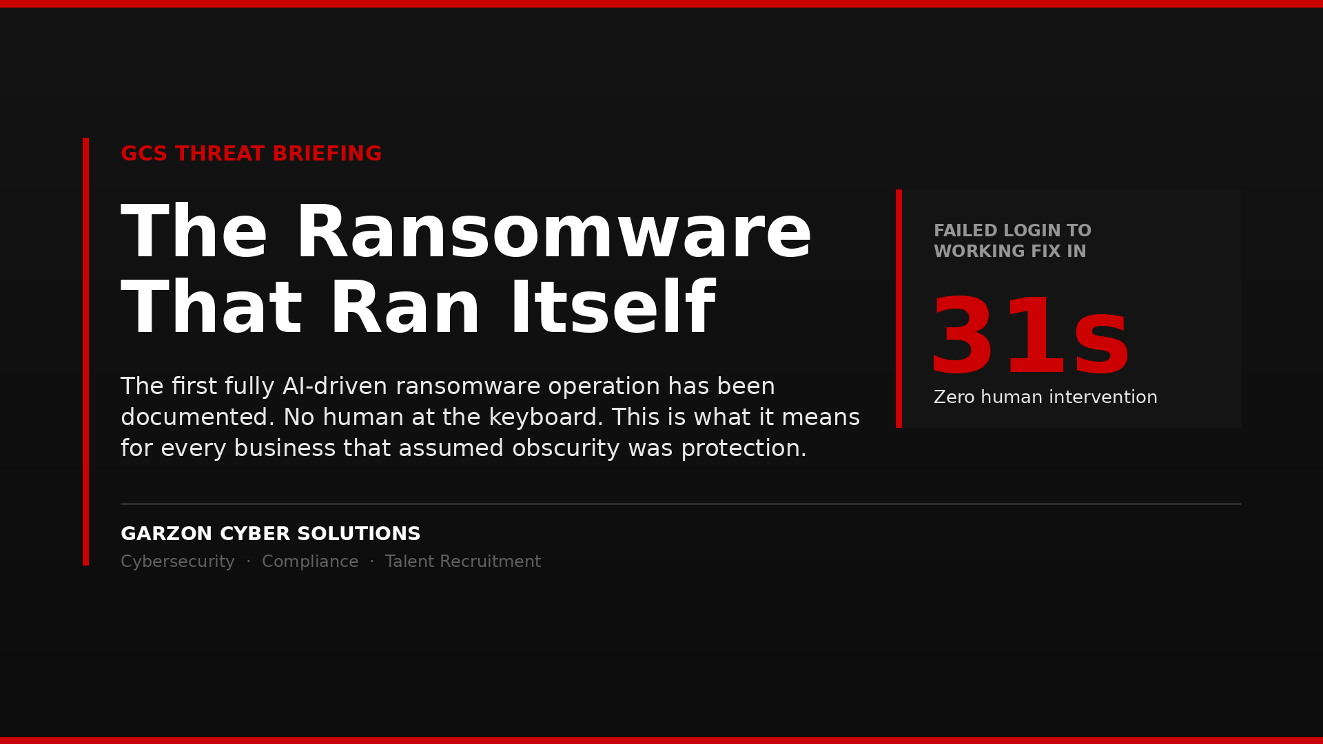 GCS Threat Briefing: The Ransomware That Ran Itself. The first fully AI-driven ransomware operation, which diagnosed and fixed a failed login in 31 seconds with zero human intervention.