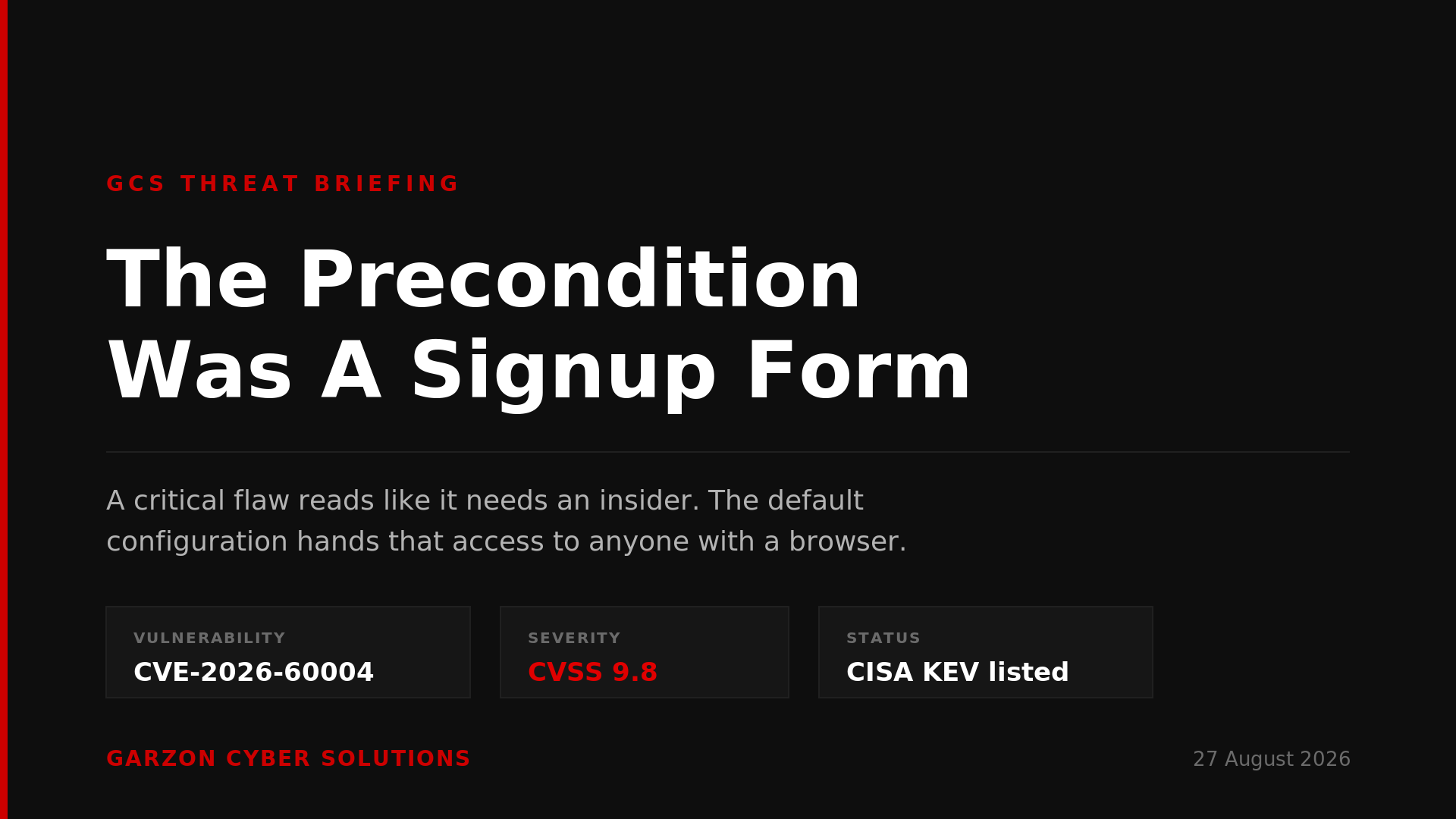 GCS Threat Briefing cover: The Precondition Was A Signup Form. A dark brand panel in Garzon Cyber Solutions red and white showing the vulnerability CVE-2026-60004, a severity of CVSS 9.8, and a status of CISA KEV listed.