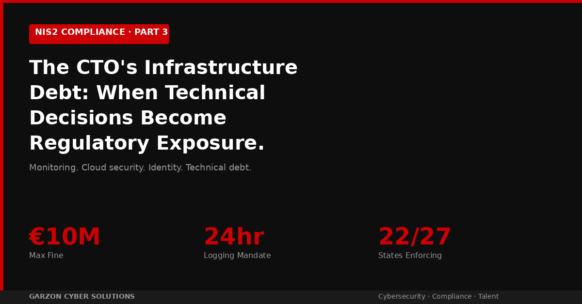 Dark corporate background with server infrastructure and red accent lighting. Title reads: The CTO's Infrastructure Debt, When Technical Decisions Become Regulatory Exposure. NIS2 Compliance Series Part 3. Garzon Cyber Solutions logo.
