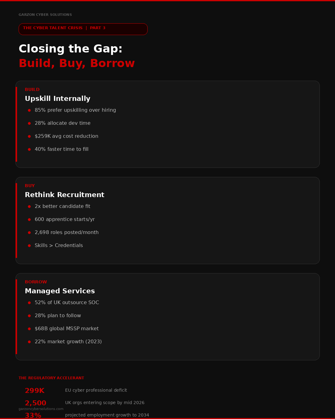Closing the Talent Gap. Build, Buy, Borrow: Three Strategies for the Cyber Talent Crisis